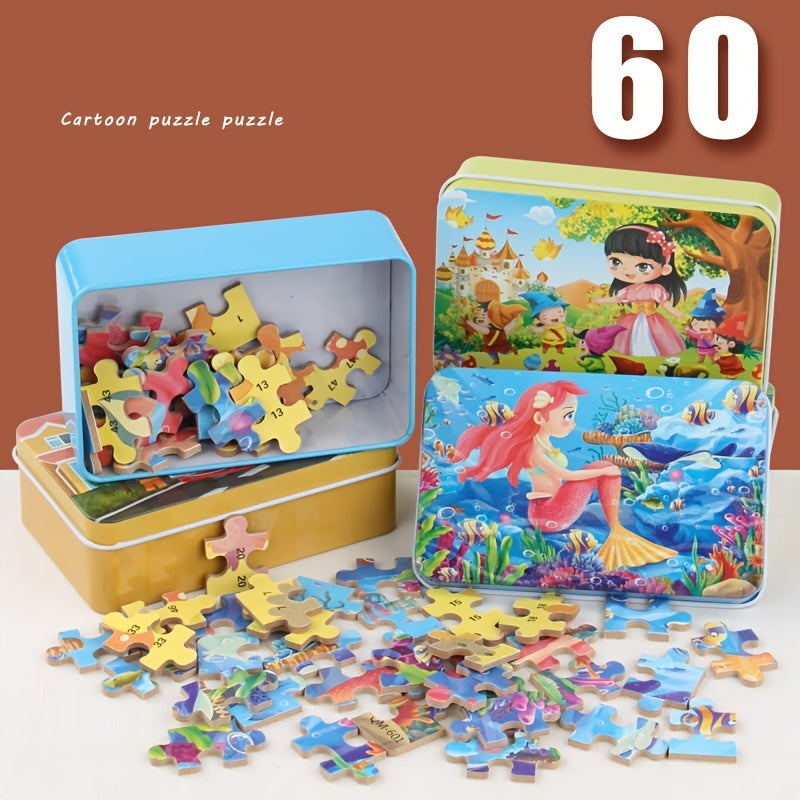 Wooden Cartoon Puzzle With Iron Box Kids Early Education Toy