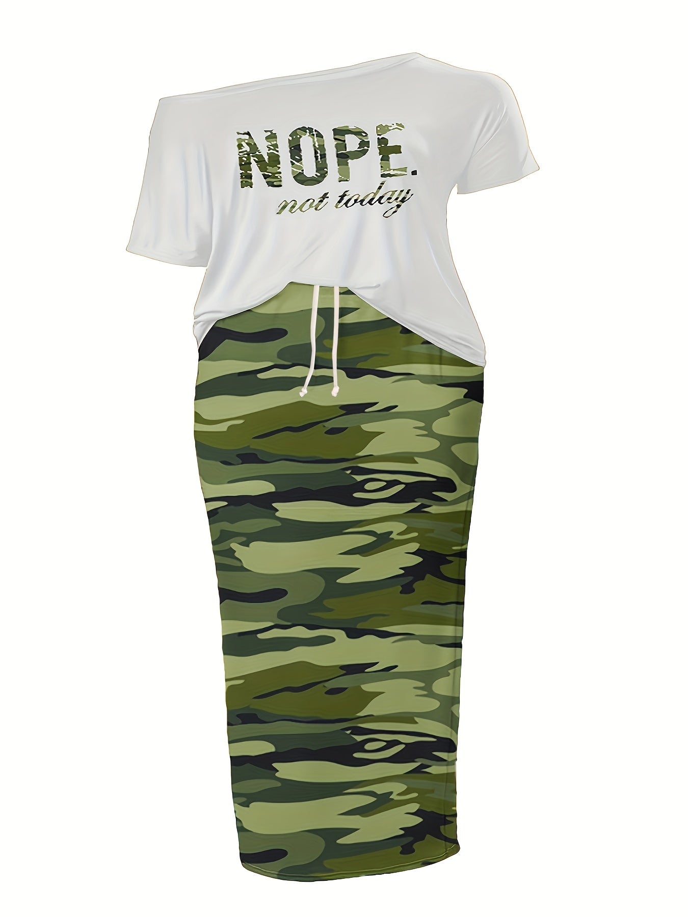  Camo Print One Shoulder Top & Skirt Outfit Set