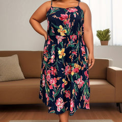  Floral Print Nipped Waist Midi Cami Dress