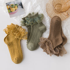 5 Pairs Girls Lace Brim Cotton Knit Socks for Autumn and Spring