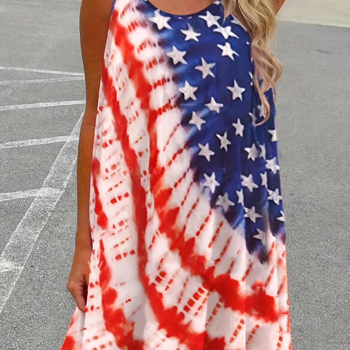  Casual Dress Women's Plus Flag Print Round Neck Loose Fit Cami Dress