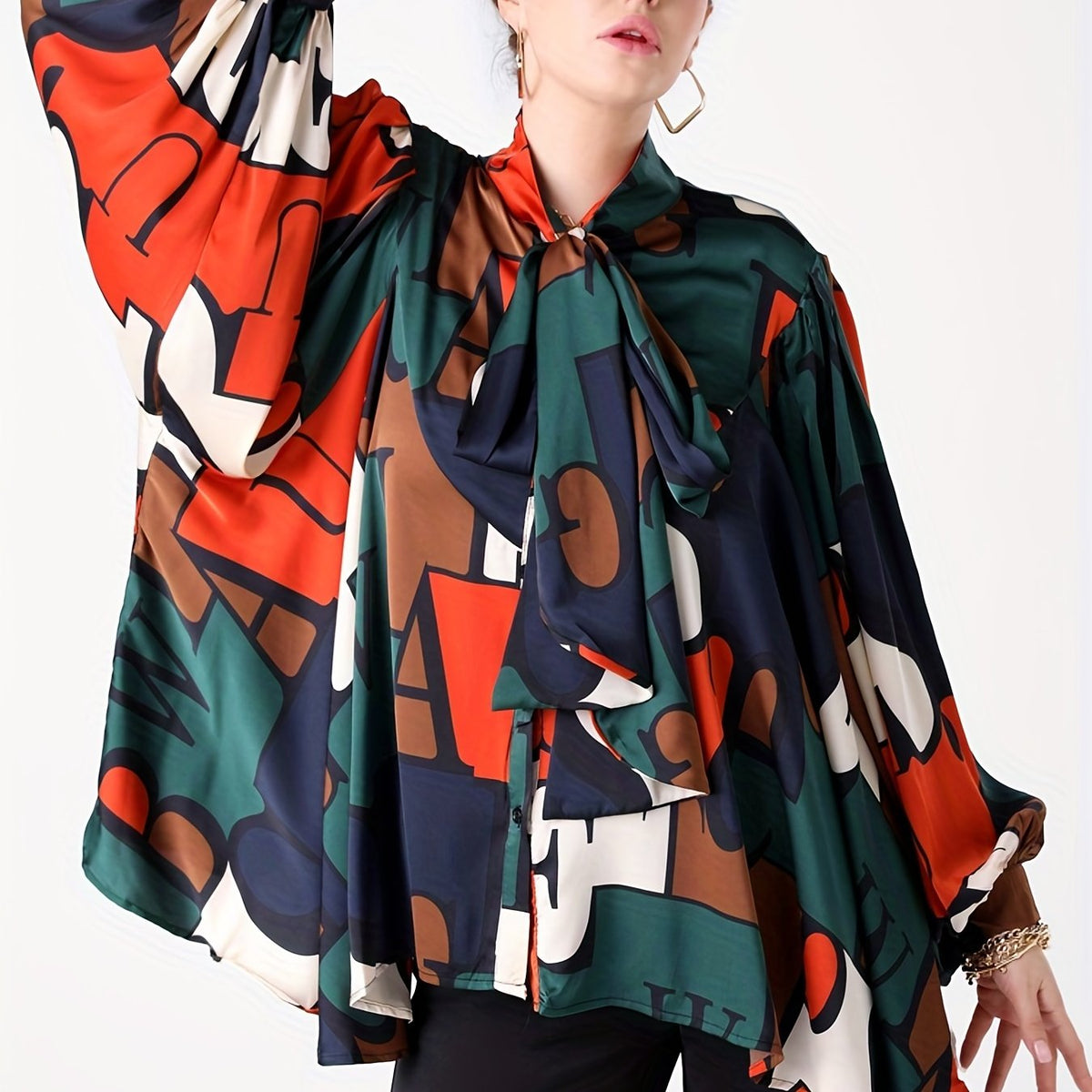 Women's Plus Colorblock Letter Print Lantern Sleeve Blouse