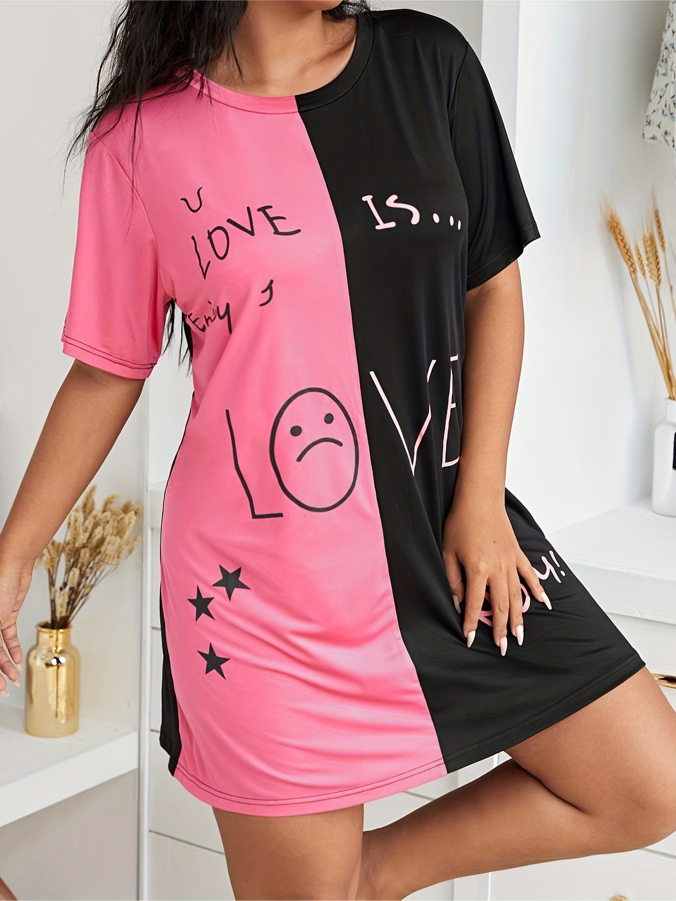  Colorblock Sleep Dress Short Sleeve High Stretch Nightdress