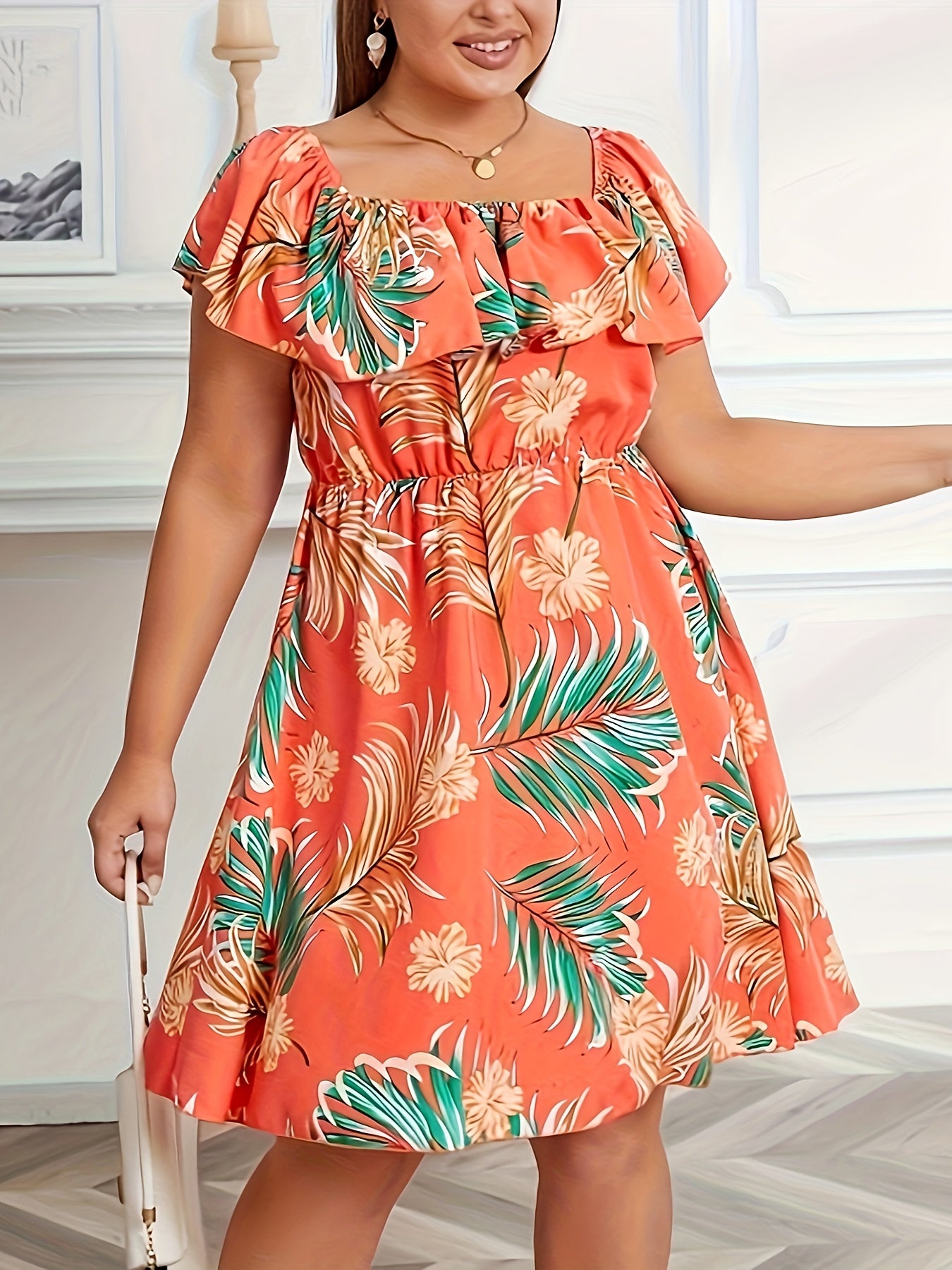  Boho Dress Women's Plus Tropical Print Off Shoulder A line Dress