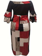  Colorblock Off Shoulder Midi Dress