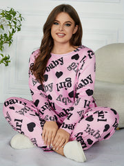  Heart & Letter Print Pajamas Set Long Sleeve Tee & Pants 2 Piece Set