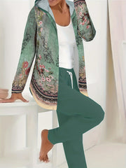  Floral Print Hooded Cardigan & Drawstring Pants 2 Piece Set