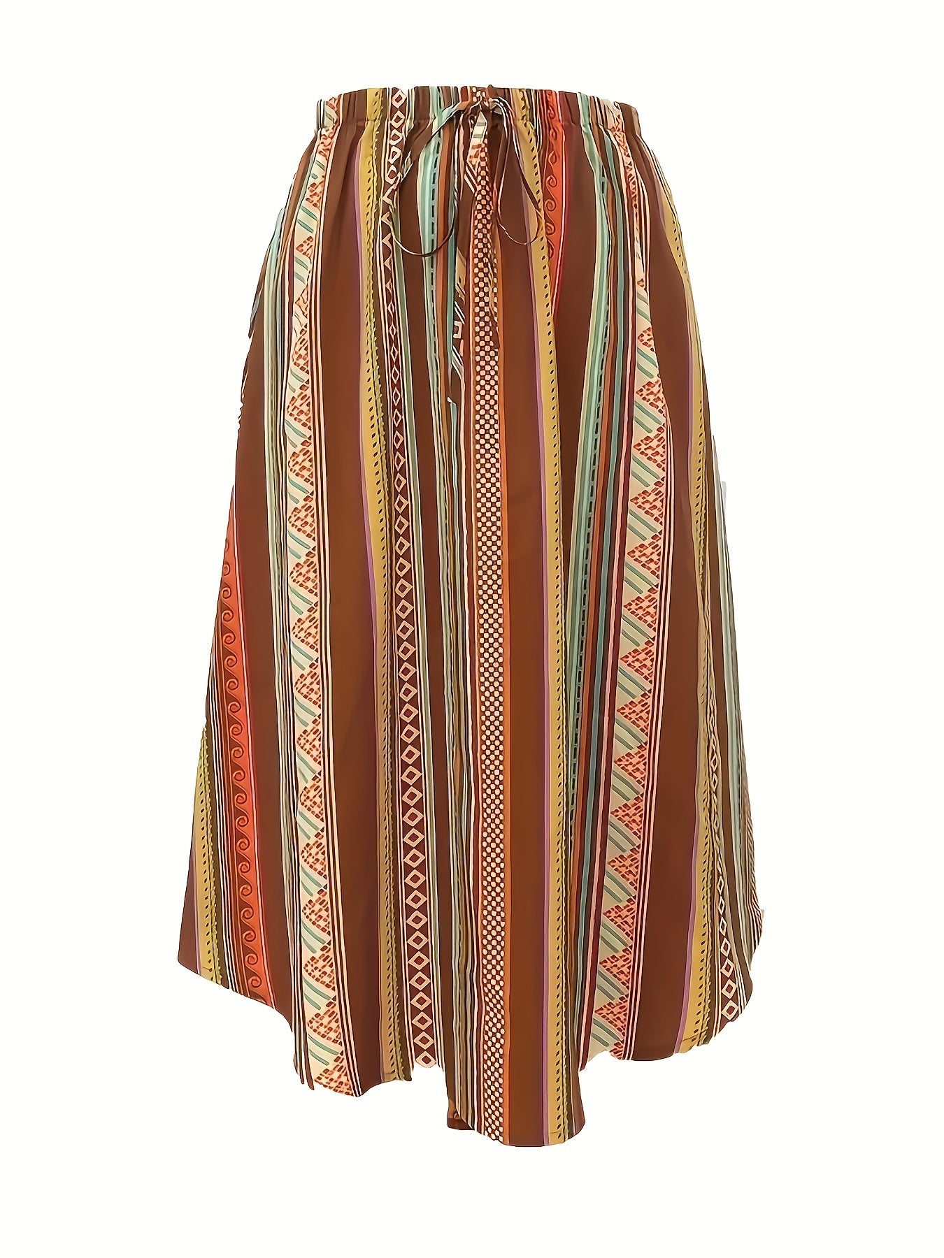  Boho Maxi Skirt Women's Tribal Striped Elastic Waist Pleated