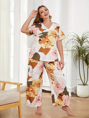  Floral Print V-Neck Tee & Wide Leg Pants Loungewear Set