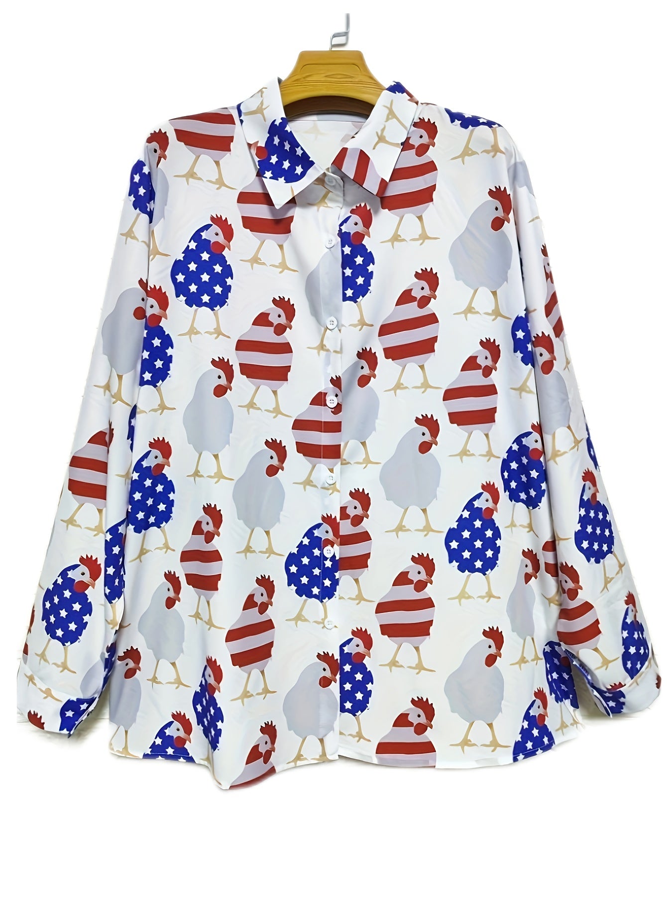  Chicken Print Long Sleeve Button Up Collar Shirt