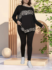  Colorblock Leopard Print Top & Leggings Set