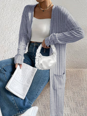  Solid Ribbed Long Sleeve Open Front Cardigan