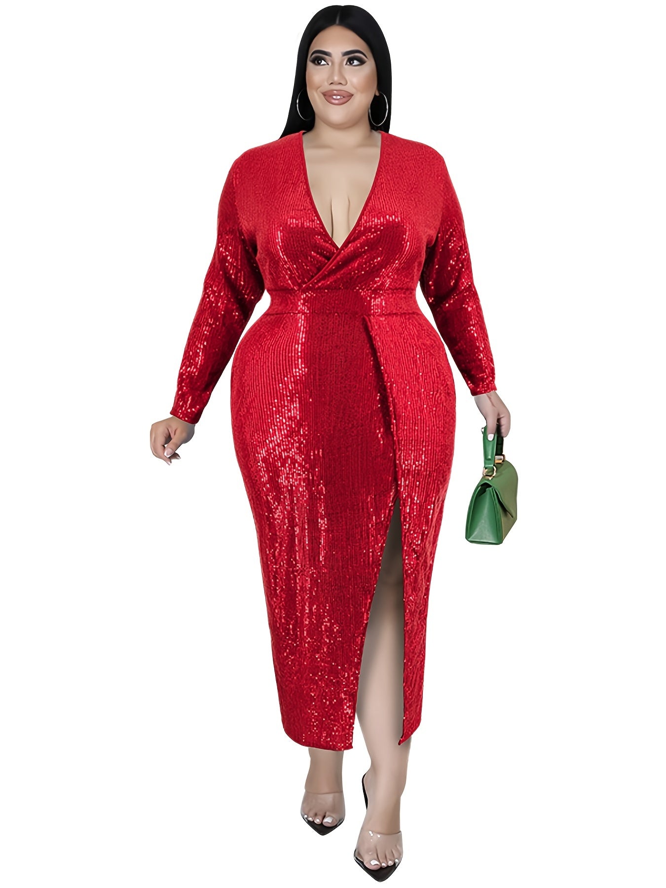 Sequin Deep V Neck Maxi Dress with High Split Sleeves