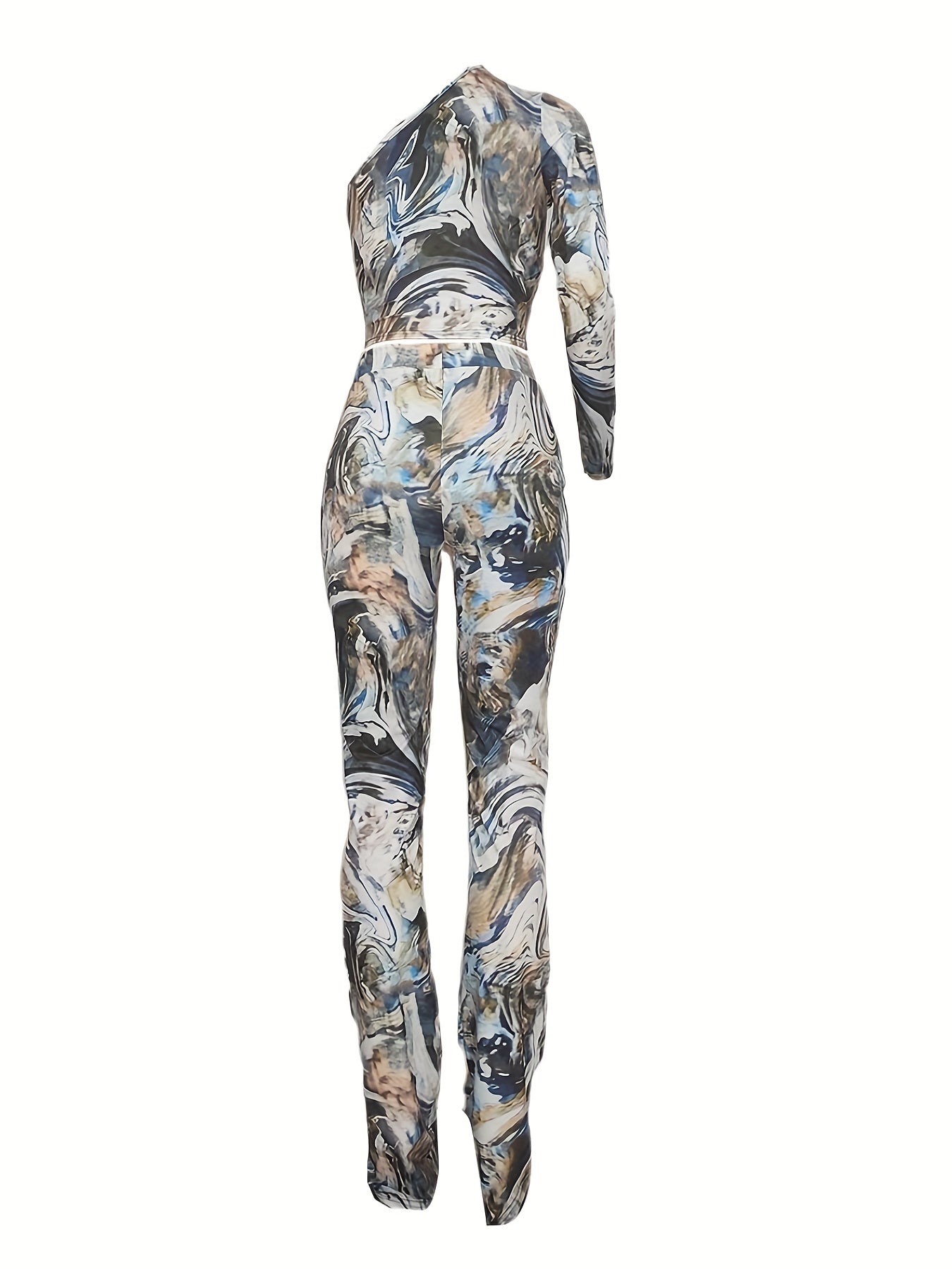  Marble Print One Shoulder Crop Top & Leggings Set
