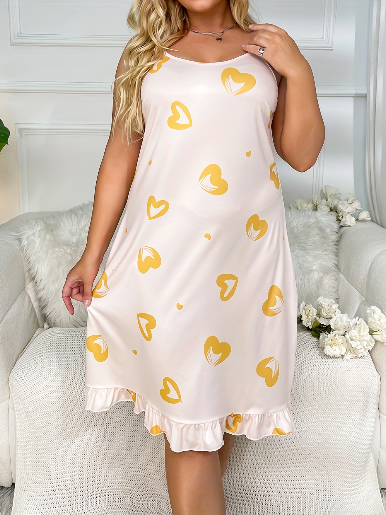  Casual Nightdress Women's Heart Print Ruffle Trim Cami Sleep Dress