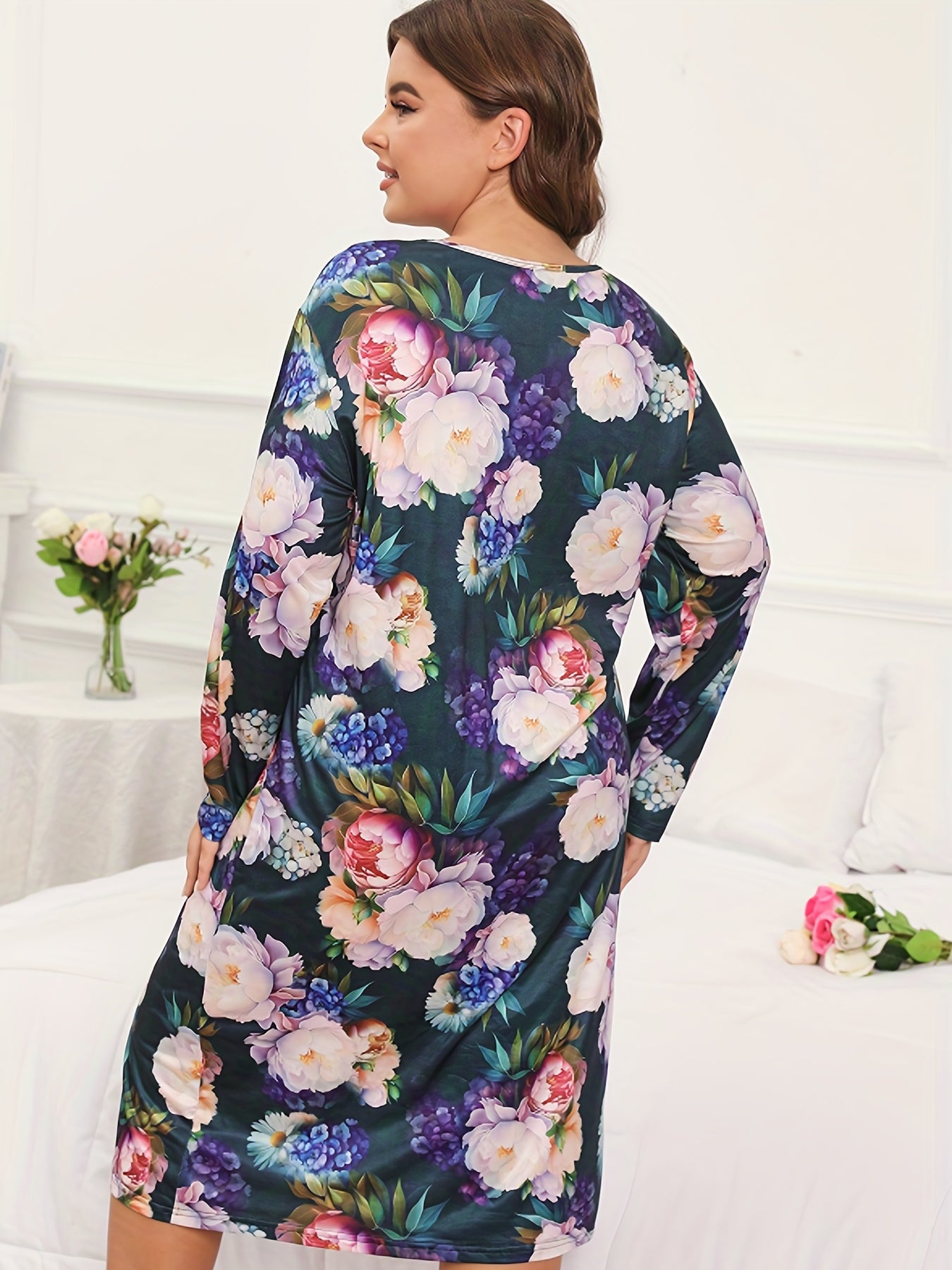  Peony Print Long Sleeve Tee Nightdress