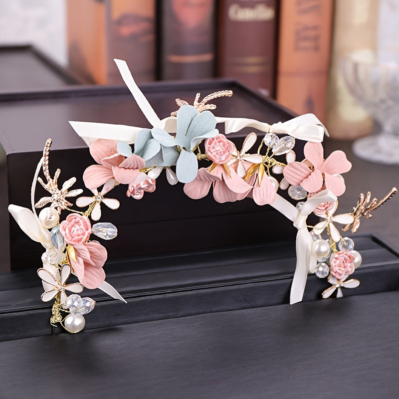 Lustrous Petals Crystal & Faux Pearl Bridal Headband Wedding Hair Accessory