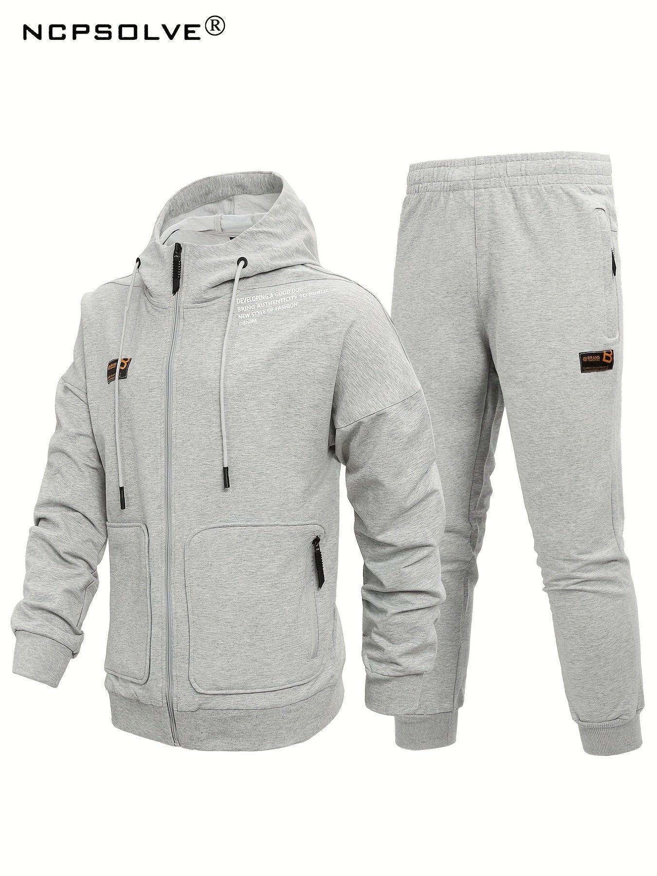 Men's Comfy Hooded Jacket & Stretch Pants Set for Outdoor Zipper Pocket