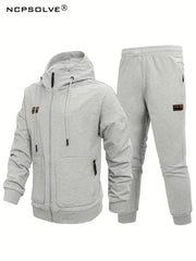 Men's Comfy Hooded Jacket & Stretch Pants Set for Outdoor Zipper Pocket