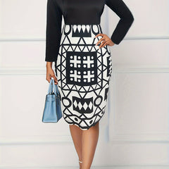  Colorblock Geo Print Long Sleeve Round Neck Dress