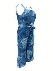  Denim Print Wide Leg Jumpsuit with Belt & Pockets