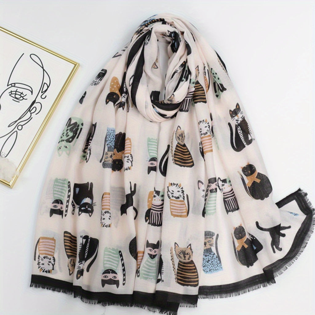 Kitty Printed Scarf Frayed Edge Cartoon Pattern Shawl