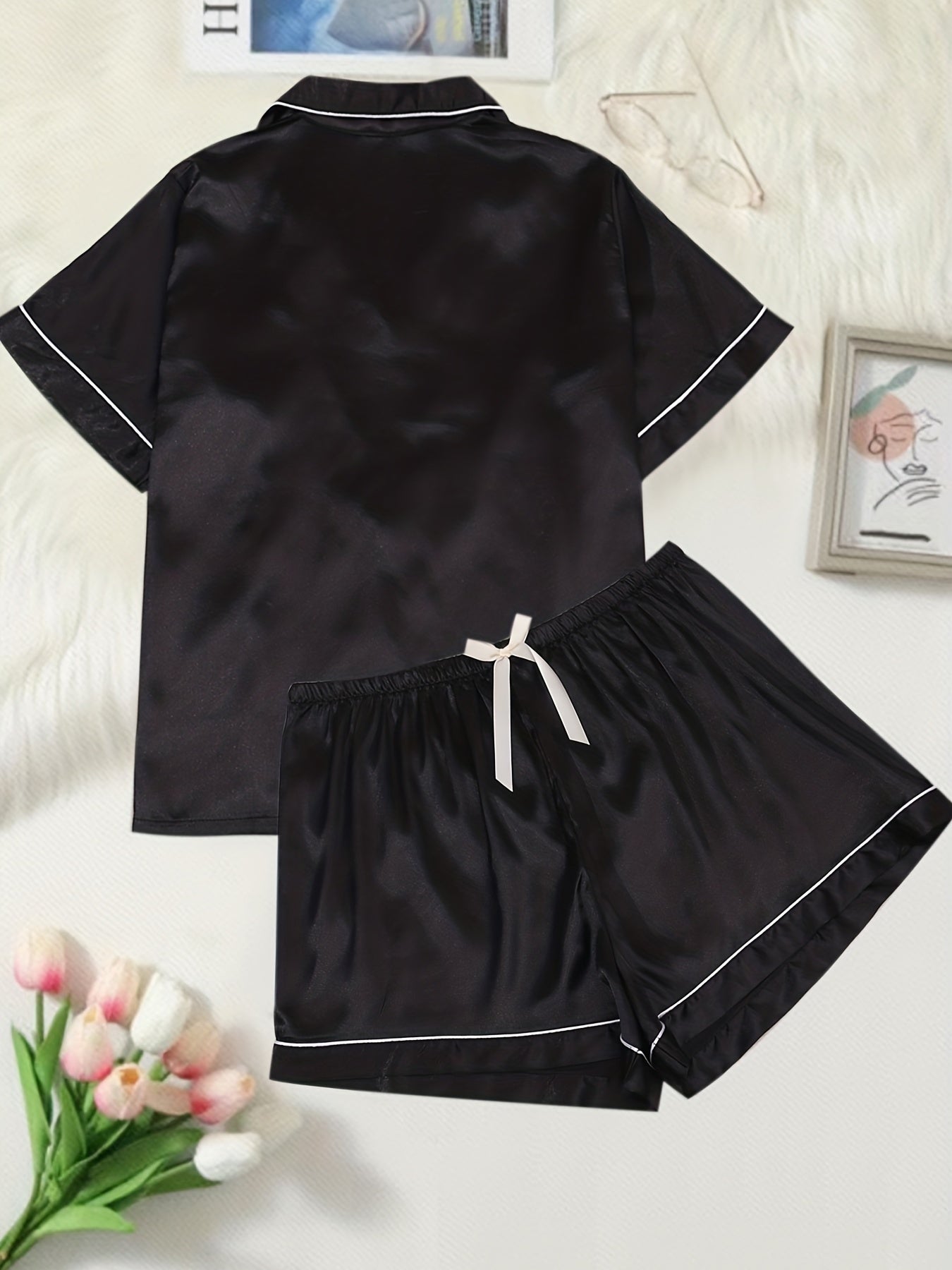  Satin Pajama Set Short Sleeve Shirt & Shorts Lounge Set