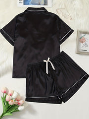 Satin Pajama Set Short Sleeve Shirt & Shorts Lounge Set