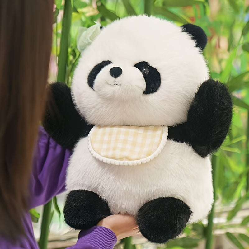 Large Huggable Panda Plush Toy with Expressive Eyes & Checkered Bib