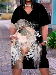  Cartoon Print V Neck Short Sleeve Dress With Pockets