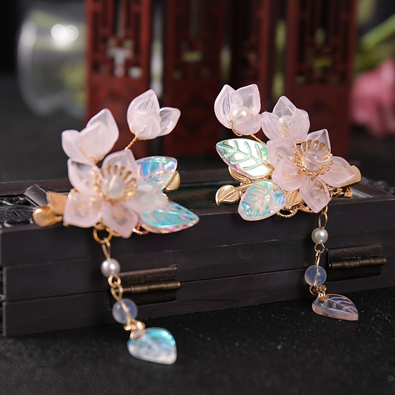 Hanfu Headdress Hairpin Flowers Leaves Faux Pearl Tassels Ancient Style