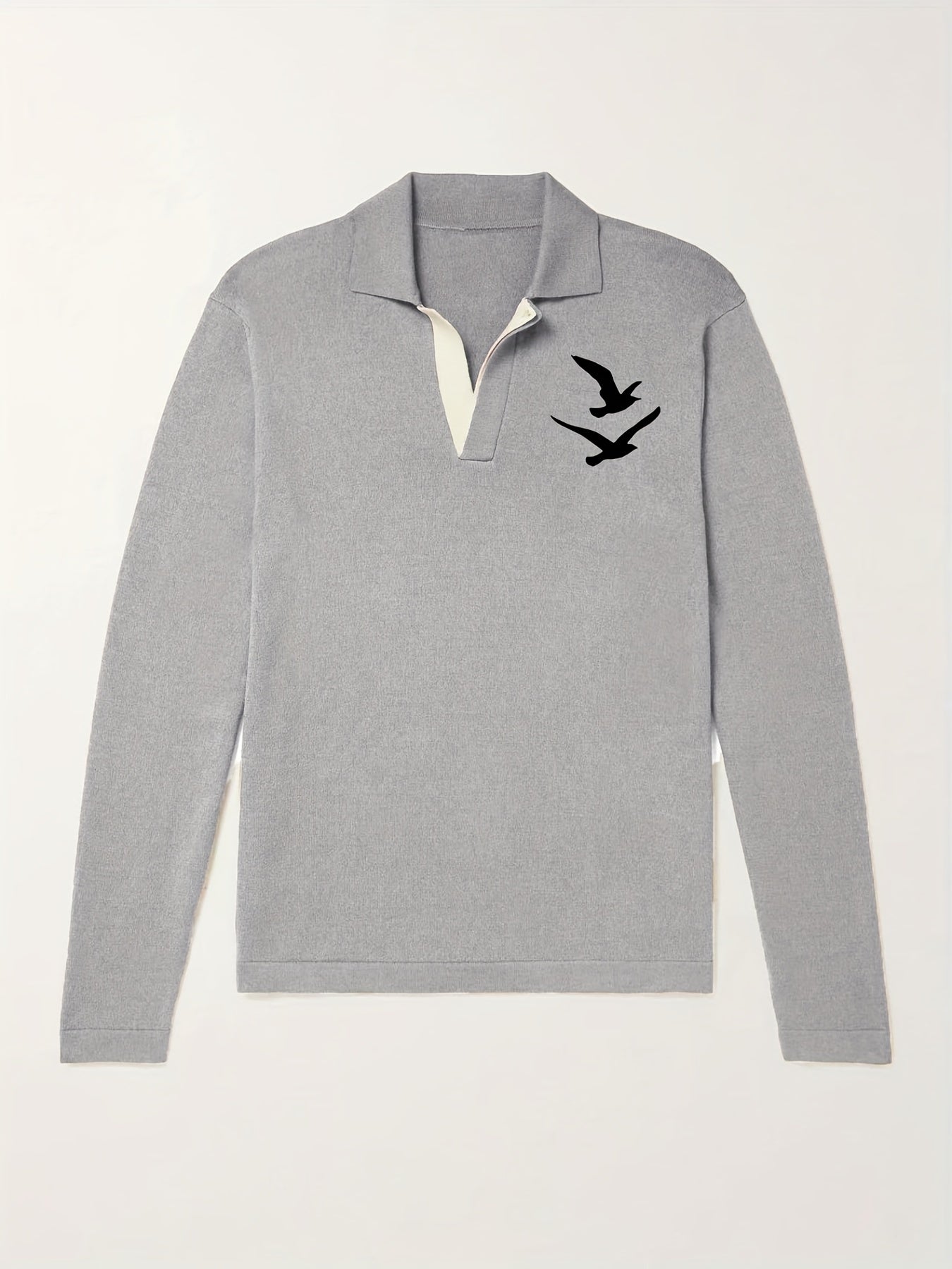 Bird Pattern Knit Polo Shirt Men's Casual Lapel Sweater