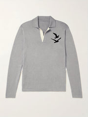 Bird Pattern Knit Polo Shirt Men's Casual Lapel Sweater