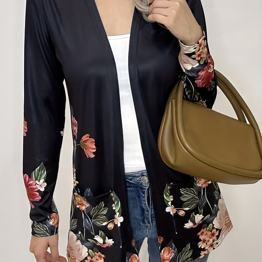  Floral Print Long Sleeve Open Front Cardigan