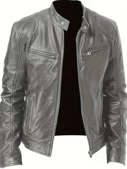 Solid Zip Up Stand Collar PU Jacket Men's Casual