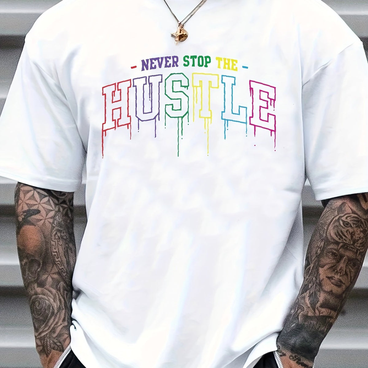 Men's Hustle Print Graphic Crew Neck T-shirt for Summer