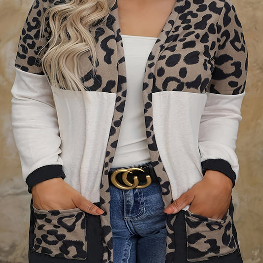  Leopard Print Open Front Cardigan with Pockets