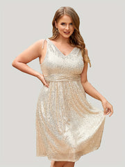  Sequin Waist V Neck A-line Party Dress