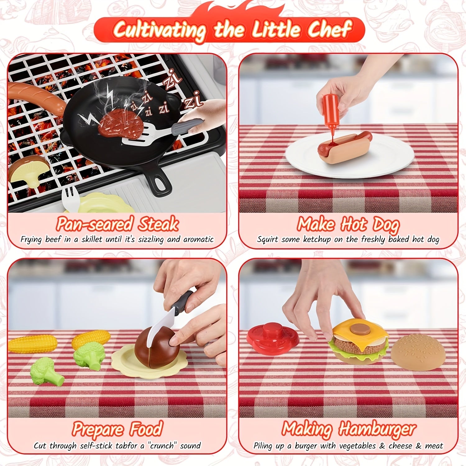 Kids BBQ Grill Playset, Realistic Sound & Light, Portable Role Play Toy