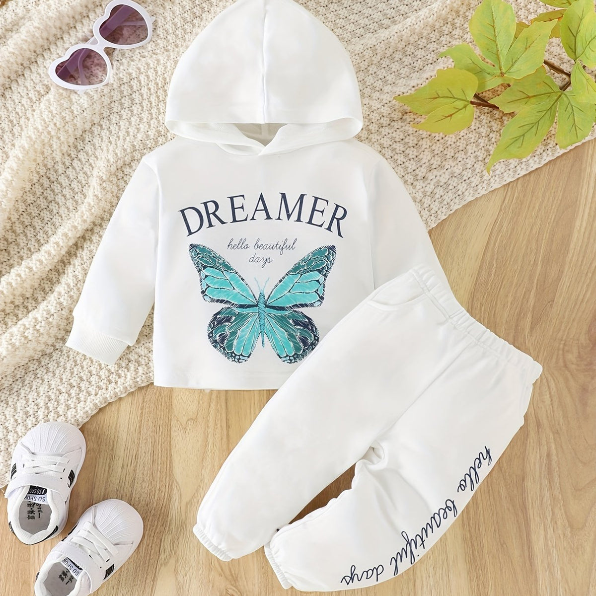 Baby Girls 2pcs Butterfly Print Hoodie Set, Boys Letter Sports Trousers Set