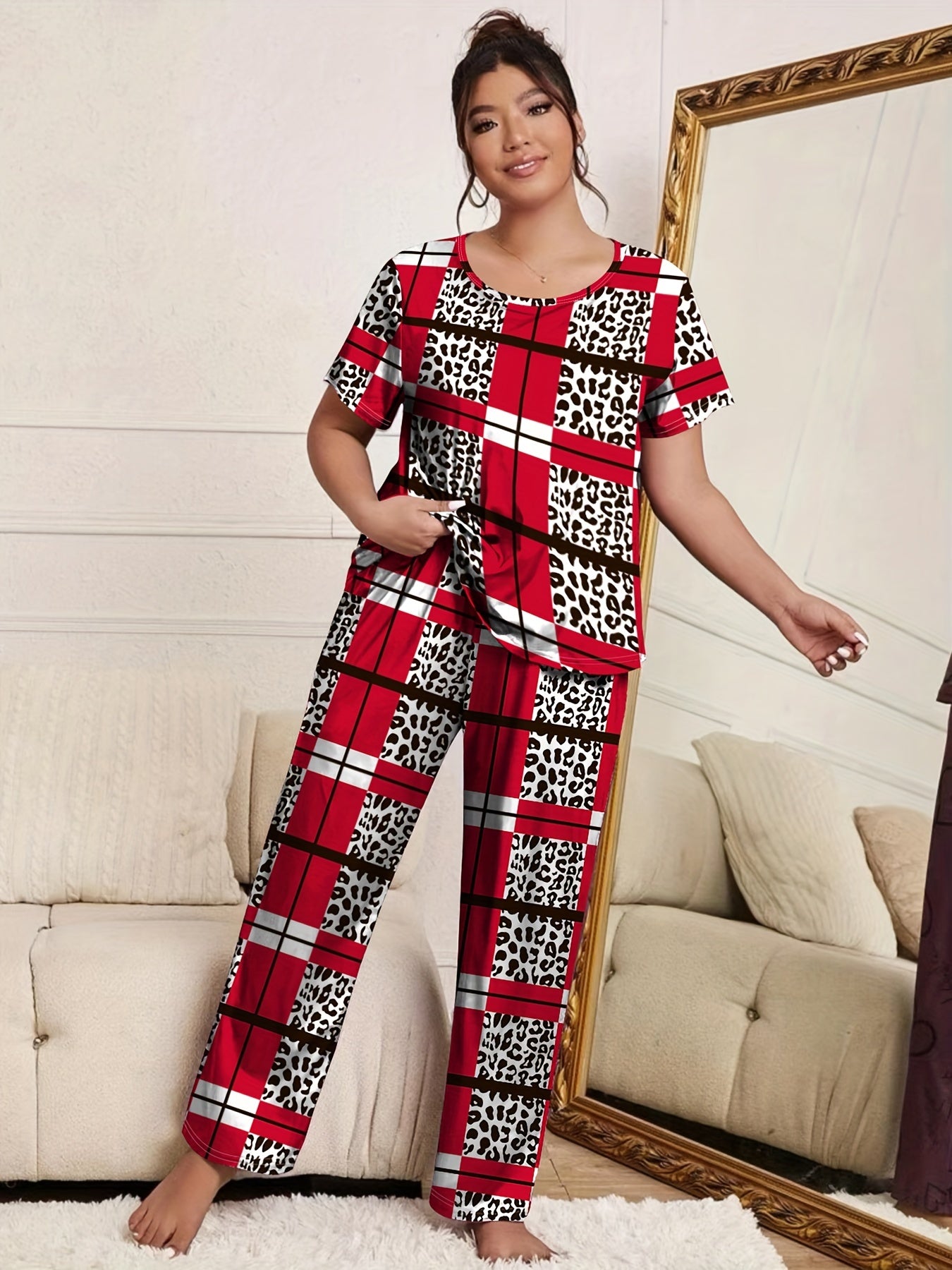  Leopard & Stripe Print Pajama Set Women's Tee & Pants
