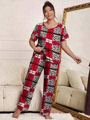  Leopard & Stripe Print Pajama Set Women's Tee & Pants