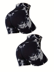 2pcs Tie Dye Yoga Sports Shorts High Waist Training Workout Shorts Women's