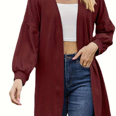  Solid Jacquard Lantern Sleeve Open Front Cardigan