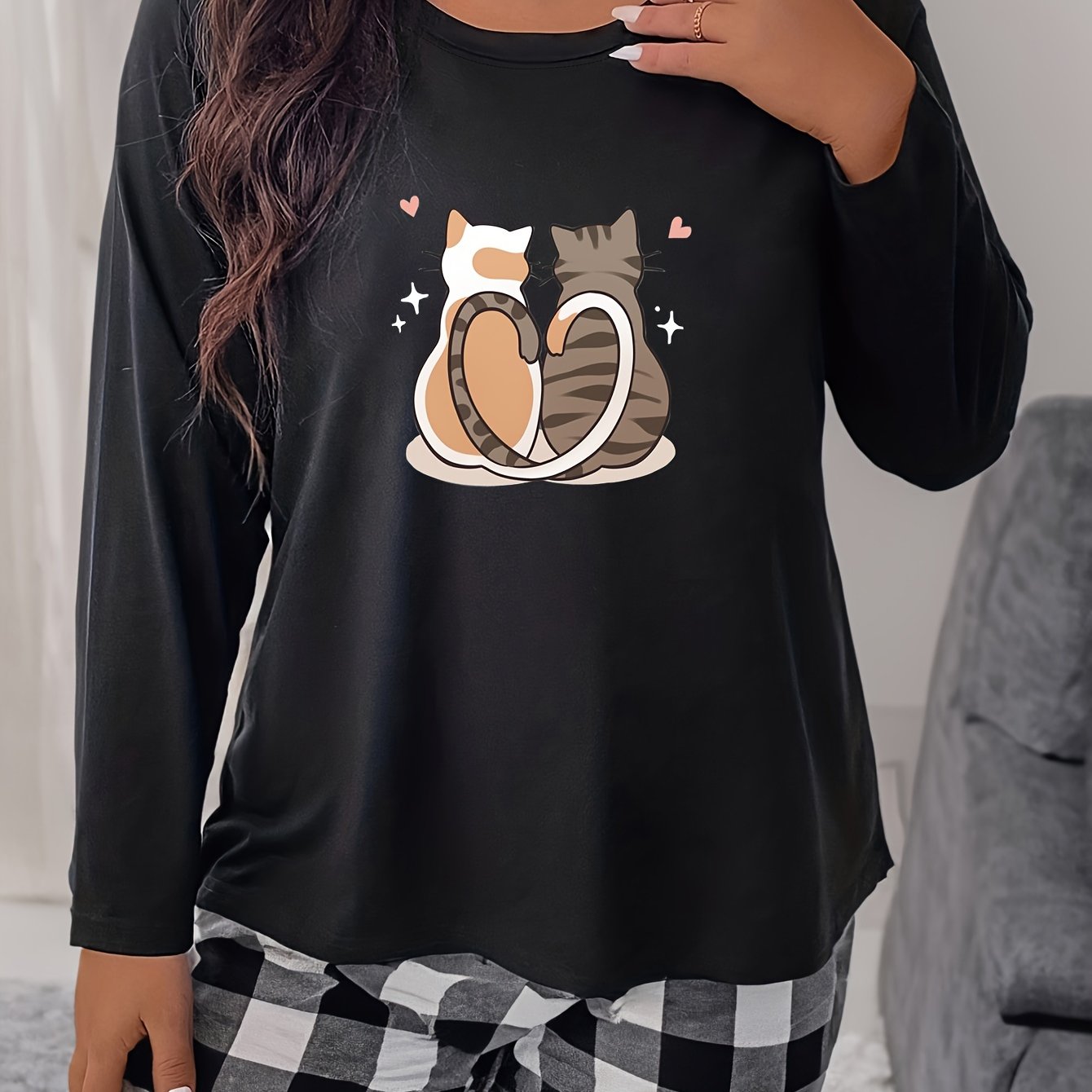 Cats Print Long Sleeve Round Neck Pajama Top