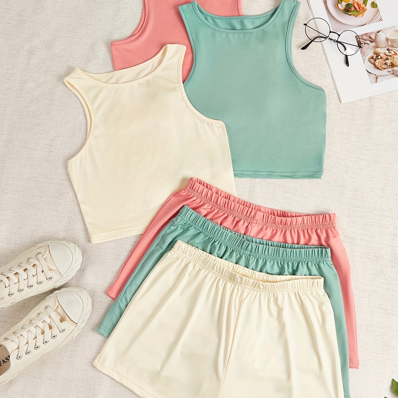 Women's Plus Casual Outfits Set: Solid Tank Top & Shorts 3-Piece Set