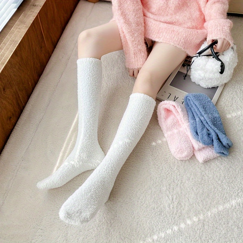 3 Pairs Solid Fuzzy Calf & Knee High Socks Women's Stockings