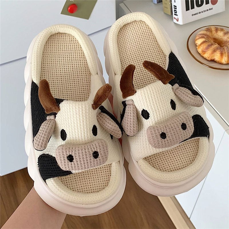 Women's Cow Plush Slippers Comfy Open Toe Slides Anti-slip Home Shoes