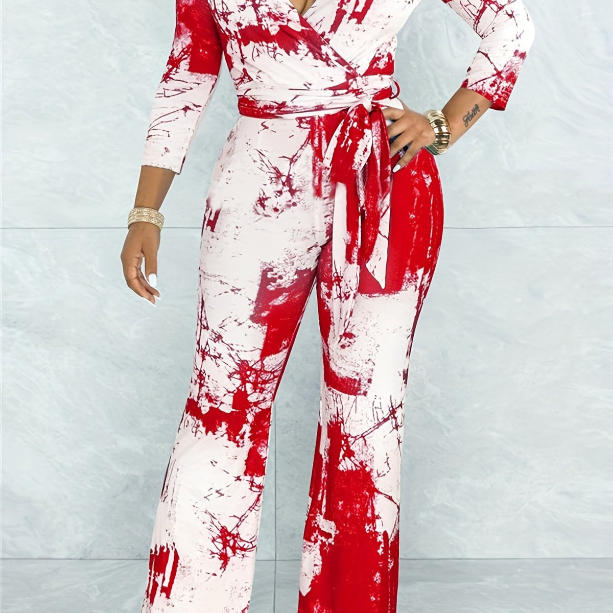  Tie Dye Three Quarter Sleeve Jumpsuit With Belt