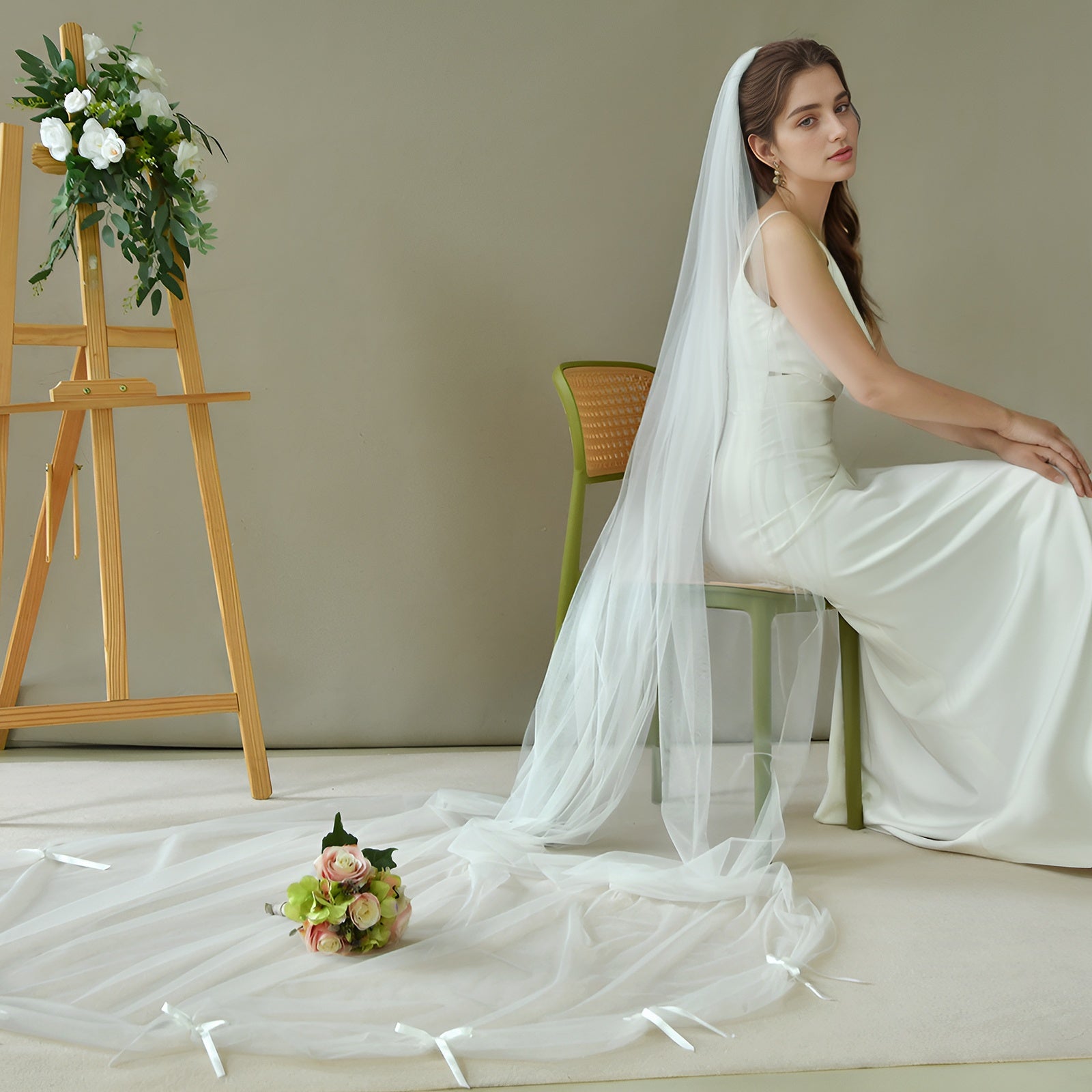 Cathedral Train Bridal Veil with Bow Long Train Wedding Headpiece